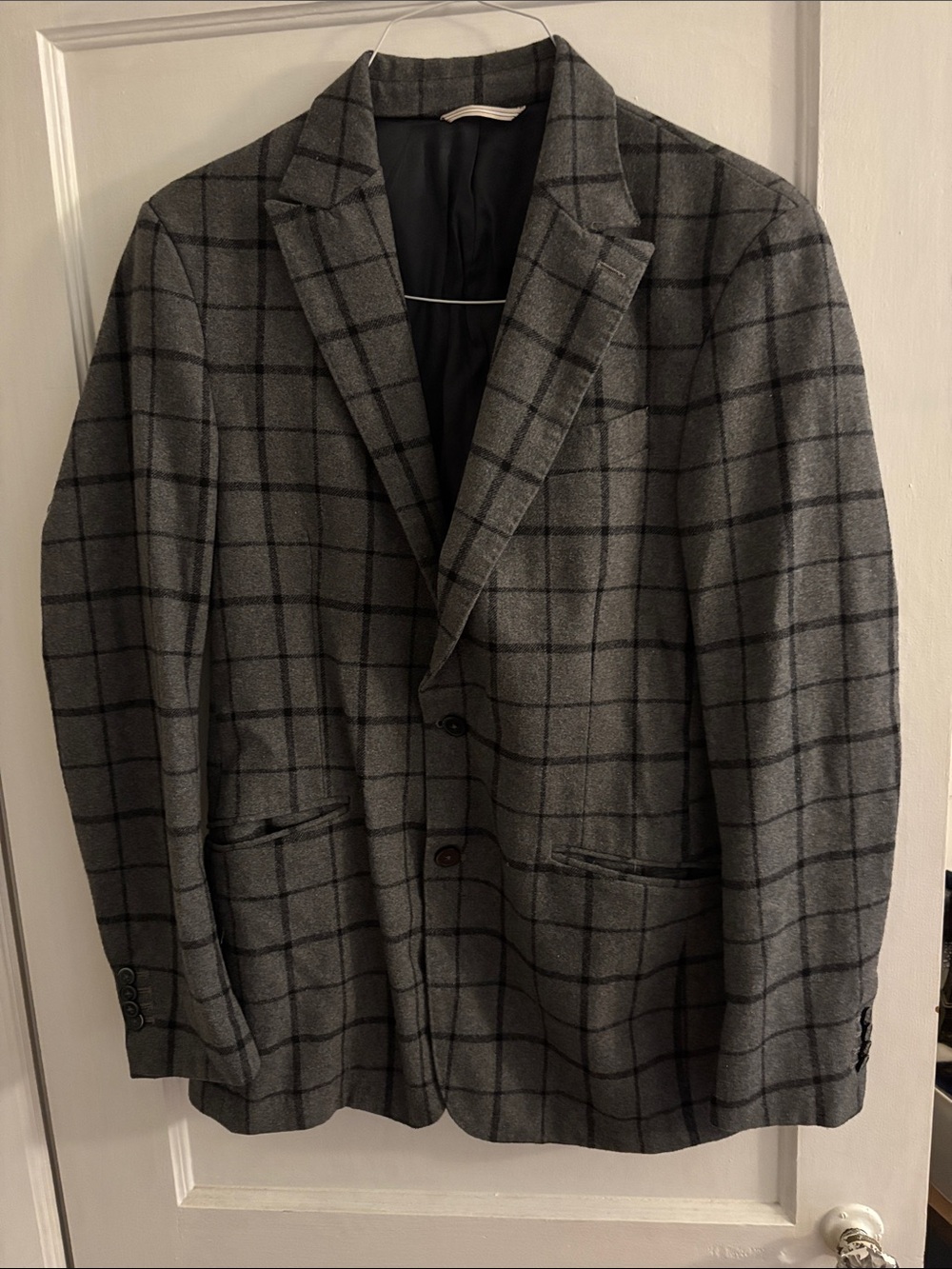 Mango Men's Gray Windowpane Blazer - Black Grid Pattern